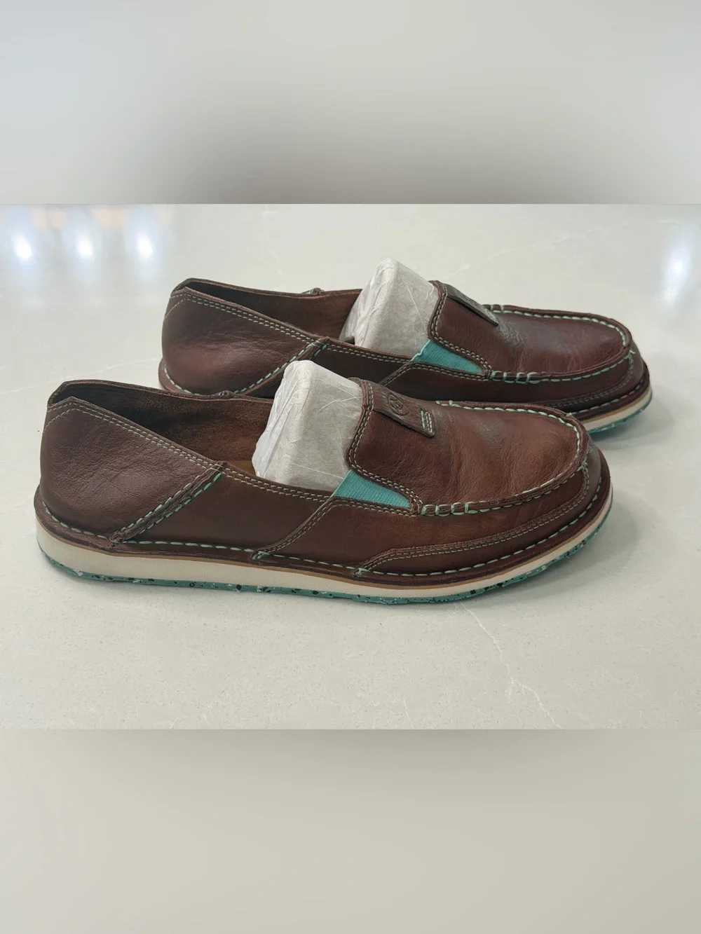 Ariat Eco Cruiser Brown Leather Slip-On Loafers Teal Stitching Women's Size 11B